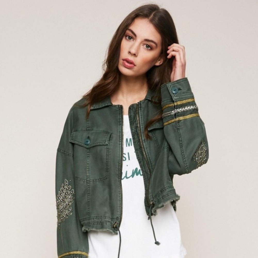 Free People Cropped Embellished Military Jacket XS